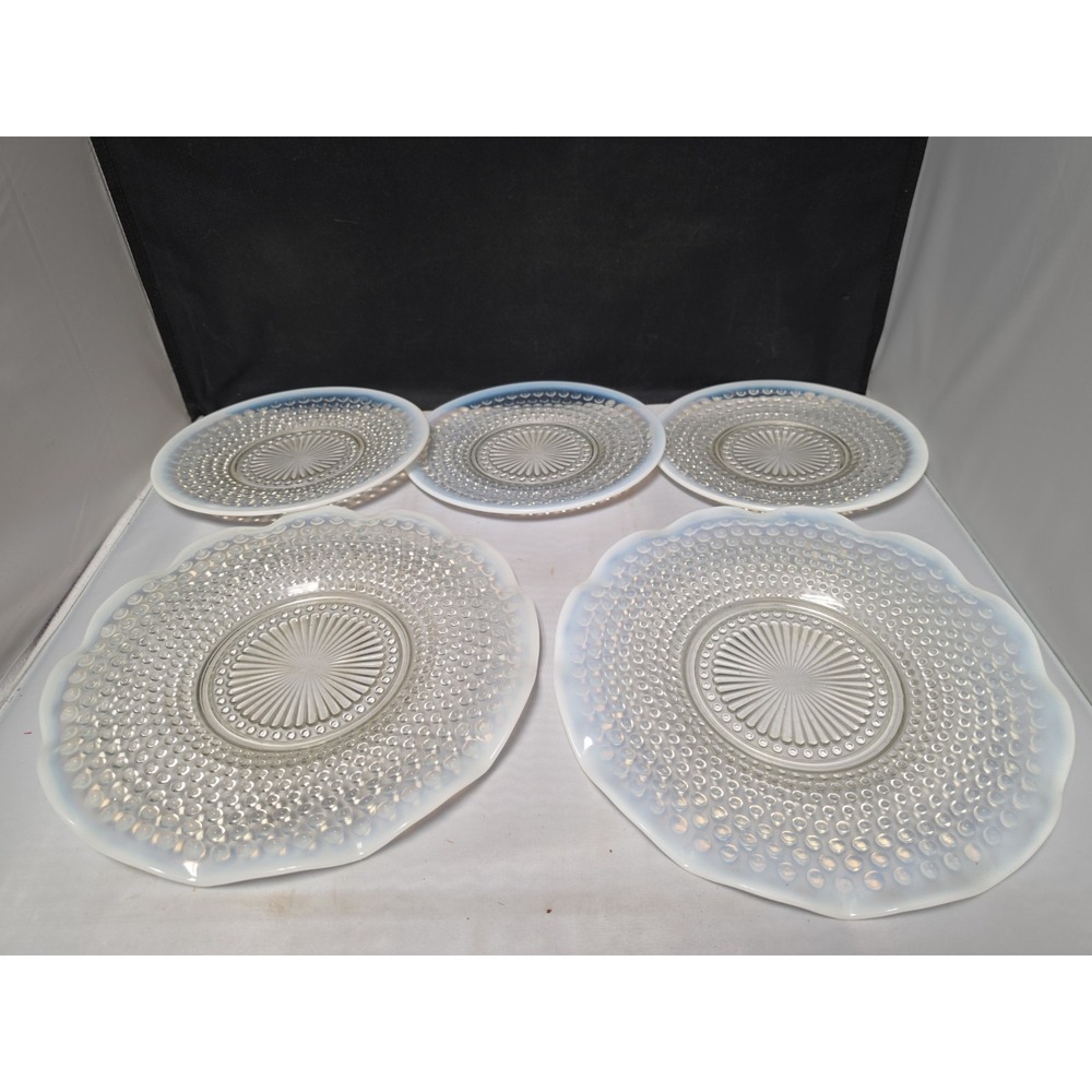 Anchor Hocking Moonstone Opalescent Glass Hobnail Ruffled Serving Plates (5)